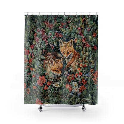 Woodland Baby Foxes Floral Shower Curtain William Morris Inspired Home Decor Shower Curtain 71" x 74"