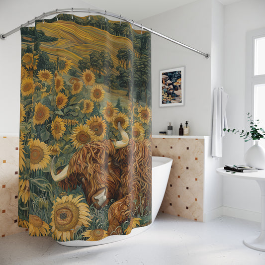 Sleepy Highland Cattle Sunflower Meadow Home Decor Shower Curtain 71" x 74"