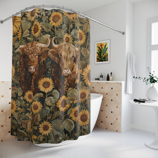 Cute Highland Cattle Sunflowers Home Decor Shower Curtain 71" x 74"