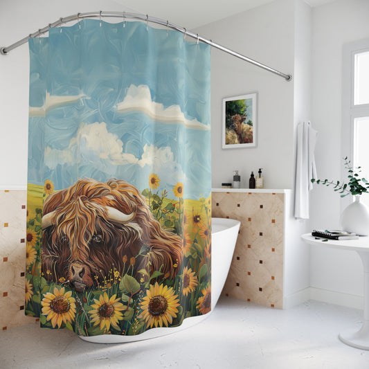 Adorable Highland Cattle Sunflower Meadow Home Decor Shower Curtain 71" x 74"