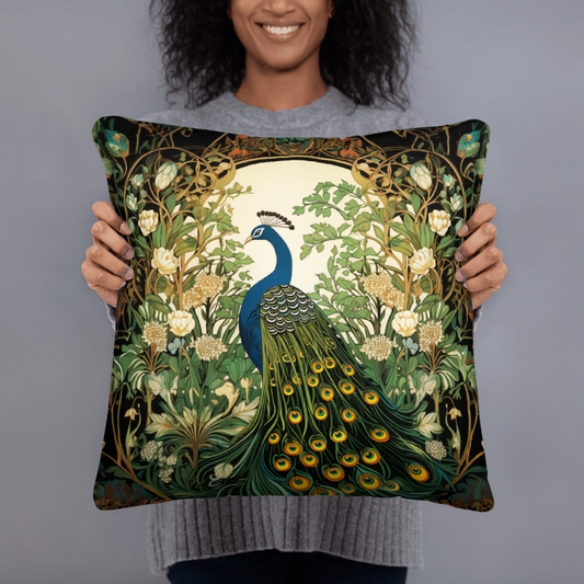 Peacock in Floral Garden Pillow