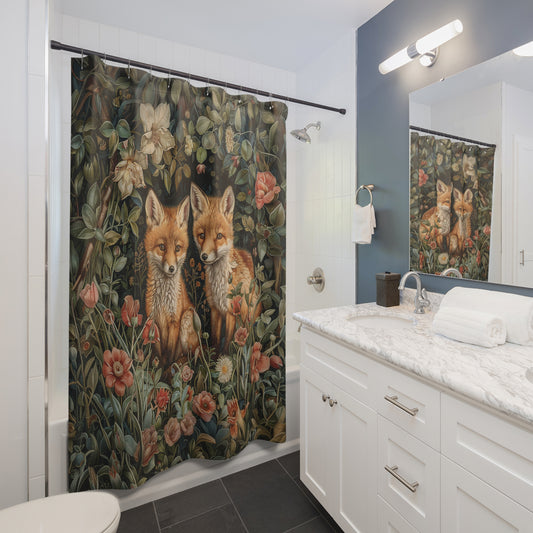 Baby Foxes Floral Garden Shower Curtain William Morris Inspired Home Decor Shower Curtain 71" x 74"