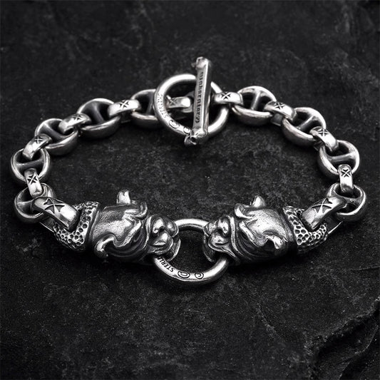 Double Bulldog Bracelet Biker Punk Rock Handmade Silver Toggle Bracelet