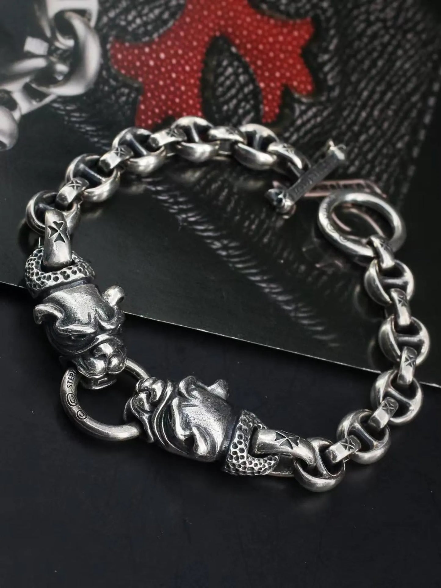 Double Bulldog Bracelet Biker Punk Rock Handmade Silver Toggle Bracelet