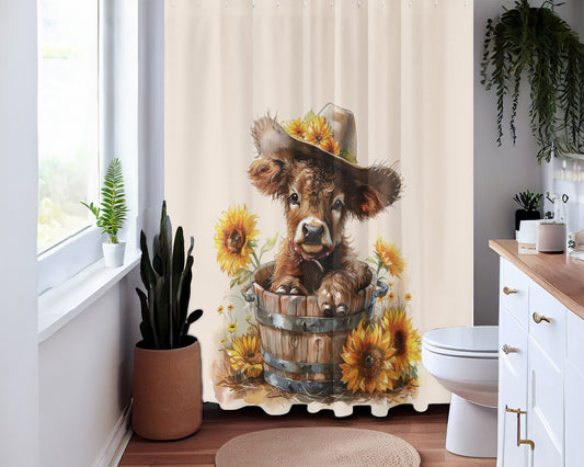 Cute Highland Baby Cow in Cowboy Hat Sunflowers Shower Curtain Farmhouse Bathroom Decor