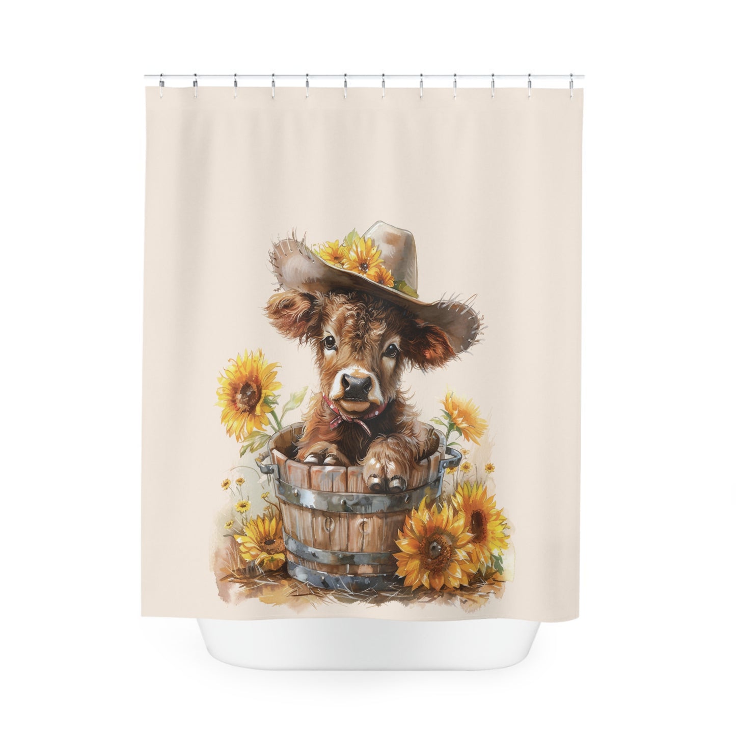 Cute Highland Baby Cow in Cowboy Hat Sunflowers Shower Curtain Farmhouse Bathroom Decor