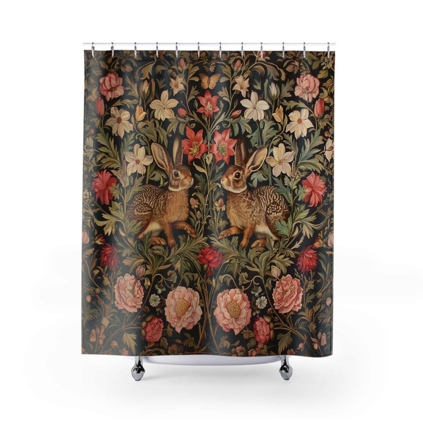 Adorable Bunnies Floral Garden Shower Curtain, William Morris Inspired, Farmhouse Bathroom, Floral Shower Curtain, 71" x 74"