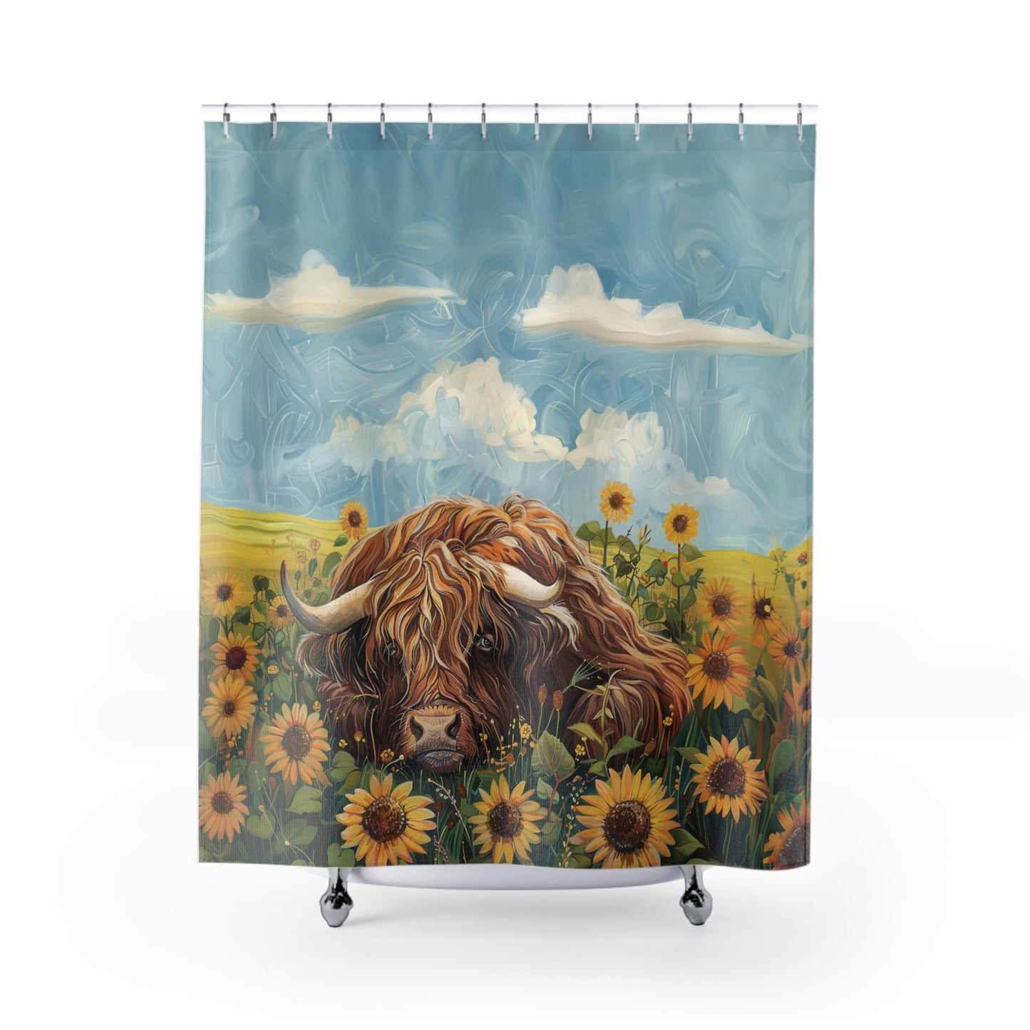 Adorable Highland Cattle Sunflower Meadow Home Decor Shower Curtain 71" x 74"