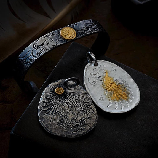 Preying Eagle Medallion Pendant 18K Gold Accent Gadsden Eagle Pendant