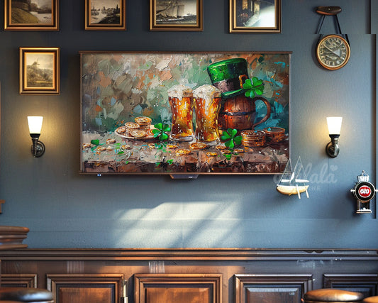 St. Patrick's Day Celebration Shamrocks Gold Coins Leprechauns Hat Antique White Canvas Texture Digital Oil Painting