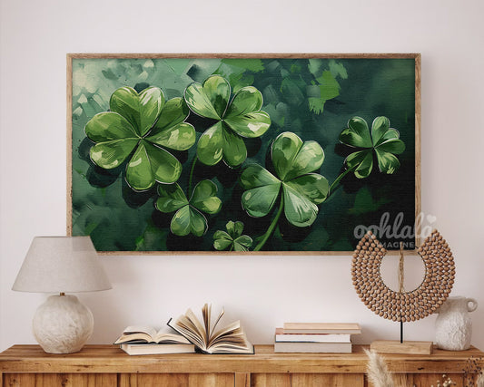 Frame TV Art St. Patrick's Day Shamrocks Clovers Painting Antique White Canvas Texture Digital Painting Home Decor Instant Download