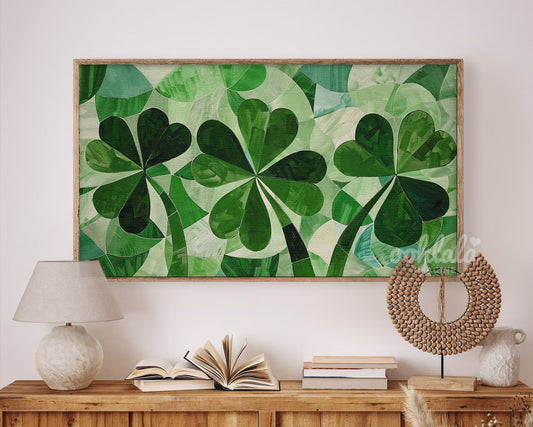 Frame TV Art St. Patrick's Day Abstract Shamrocks Clovers Painting Antique White Canvas Texture Digital Painting Home Decor Instant Download