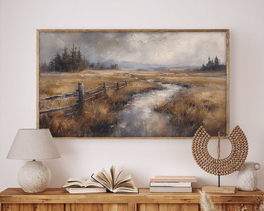 River Meadow Landscape Painting Antique White Art Digital Wallpaper Frame TV Art