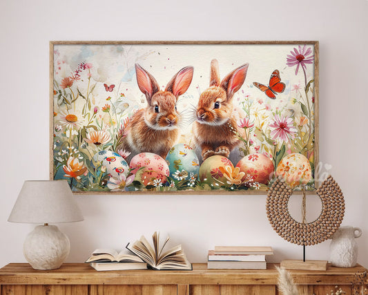 Watercolor Easter Bunny Easter Egg Flowers Frame TV Art Wallpaper