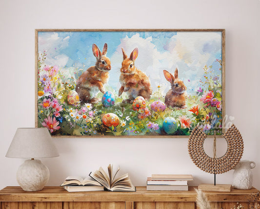 Watercolor Easter Bunny Easter Egg Flowers Frame TV Art Wallpaper
