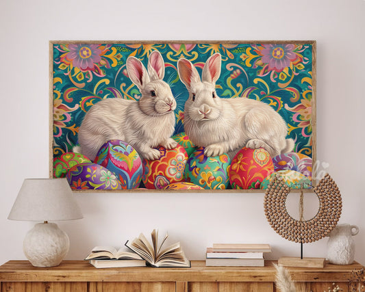 Artistic Easter Bunny and Egg Frame TV Wallpaper for Easter Decor