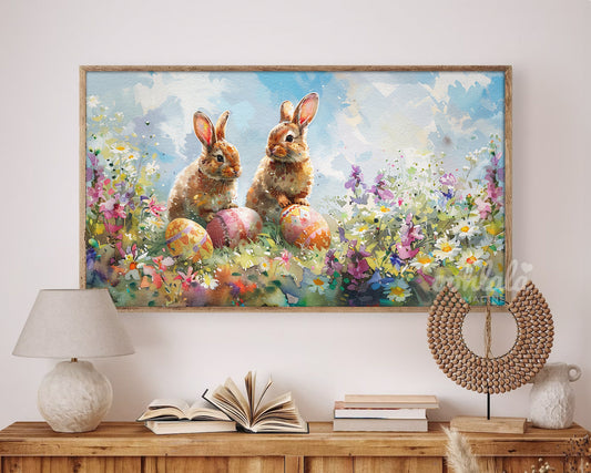 Watercolor Easter Bunny Easter Egg Flowers Frame TV Art Wallpaper