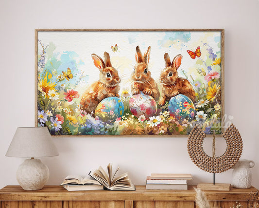 Cute Bunnies Easter Egg Floral Watercolor Frame TV Art Wallpaper
