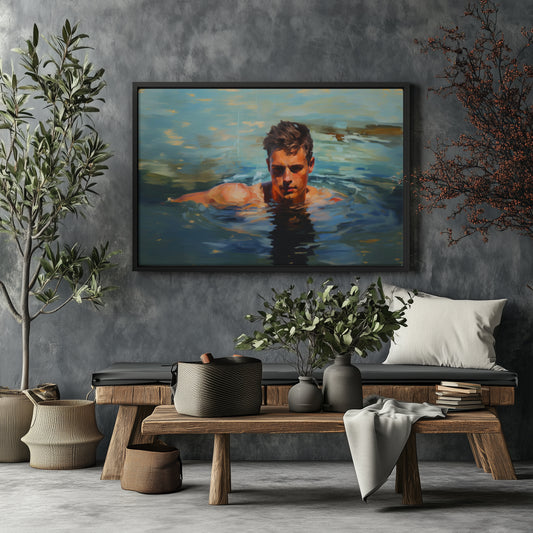 Man Swimming in a Lake Impressionist Portrait Canvas Print Wall Art