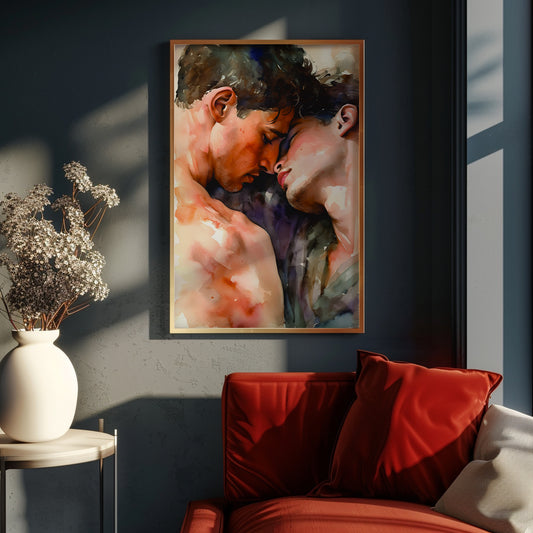 Watercolor Painting, Gay art, Gay Romance, Male Couple Art Print Poster