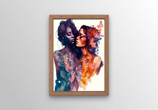 Women and Butterflies - Lesbian Wall Art Digital Download Watercolor Painting