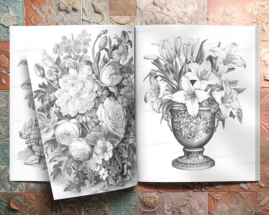 Flower Bouquets Coloring Book, Garden Flowers Digital Coloring Page PDF