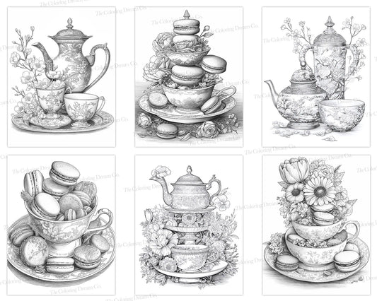 Tea Party Coloring Book, Flowers Coloring Page, Tea Pot Coloring Page, Printable PDF