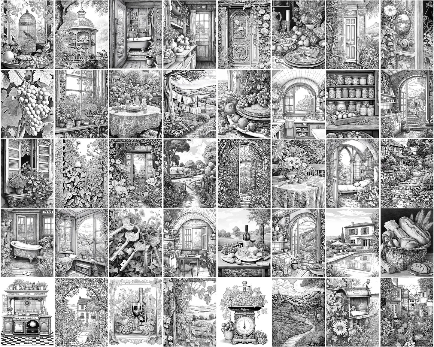 French Countryside Whimsical Coloring Book, Nature Landscapes, Printable Coloring Pages PDF