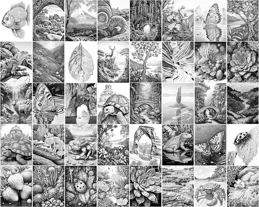 Nature Landscapes Coloring Book, Beautiful Flowers, Printable Coloring Pages PDF