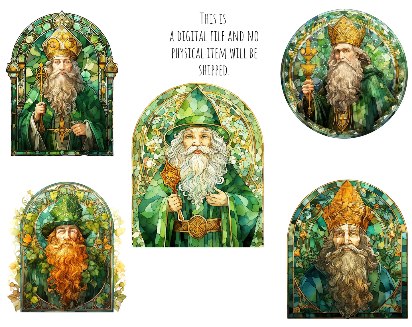 St. Patrick and Leprechaun Stained Glass Clipart Set