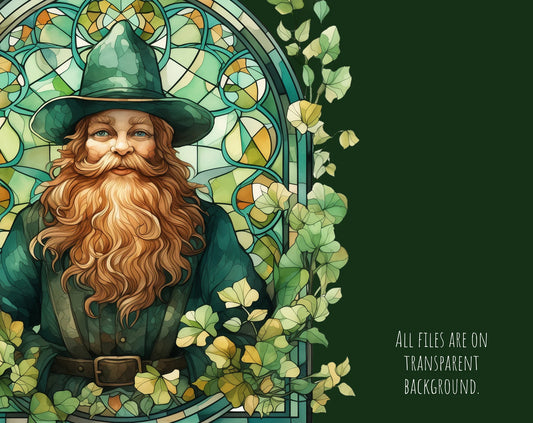 St. Patrick and Leprechaun Stained Glass Clipart Set
