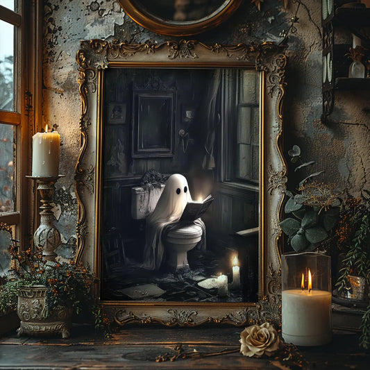 Ghost Reading on Toilet Wall Art Vintage Halloween Wall Art Poster