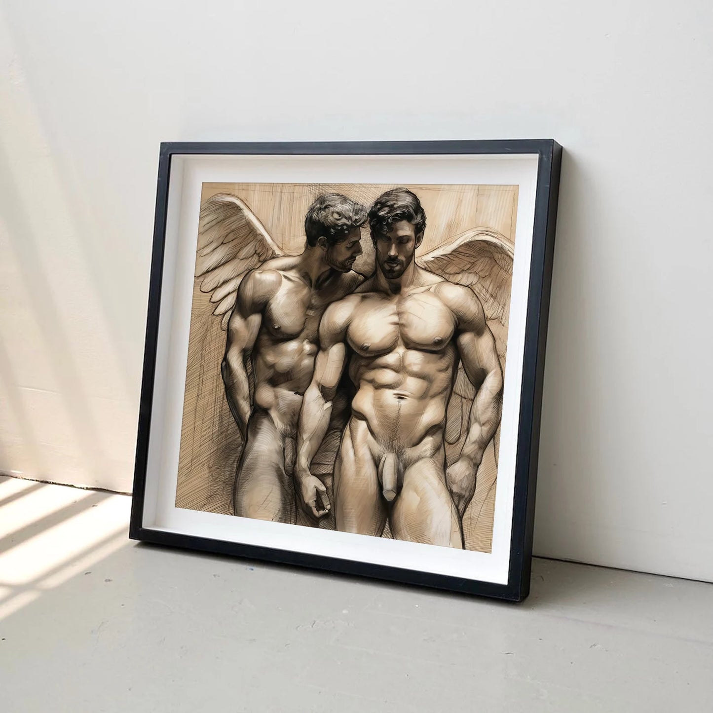Male Couple Angelic Illustration: Gay Couple, Muscled Torso - Canvas Wall Art
