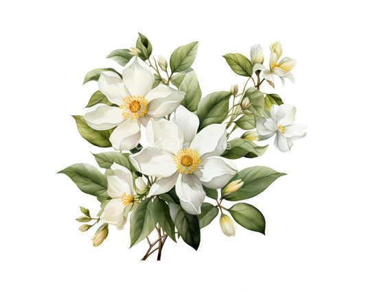Jasmine Flowers Digital Watercolor PNG & JPG