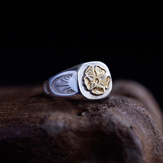 18K Gold Japanese Rose Silver Ring Rosa Multiflora Rose Ring