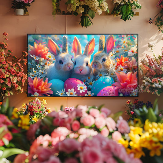 Easter Bunnies Flowers Frame TV Art Wallpaper
