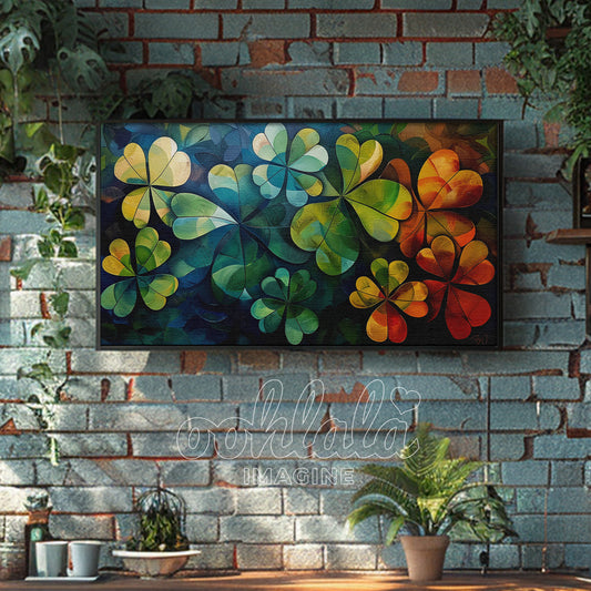 Frame TV Art Abstract Shamrocks Clovers Painting Antique White Canvas Texture St. Patrick's Day Decor and Home Decor Instant Download