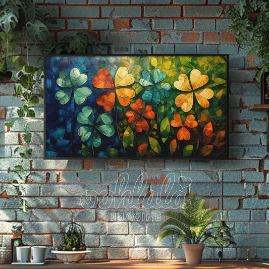 Frame TV Art Abstract Clovers Painting Antique White Canvas Texture St. Patrick's Day Decor and Home Decor Instant Download