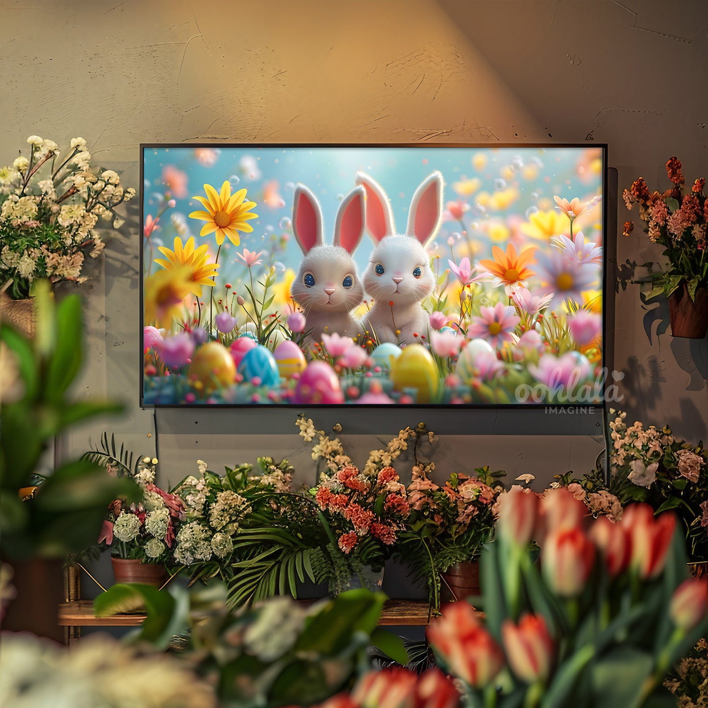 Adorable Easter Bunny Egg Floral Decor Frame TV Art Wallpaper