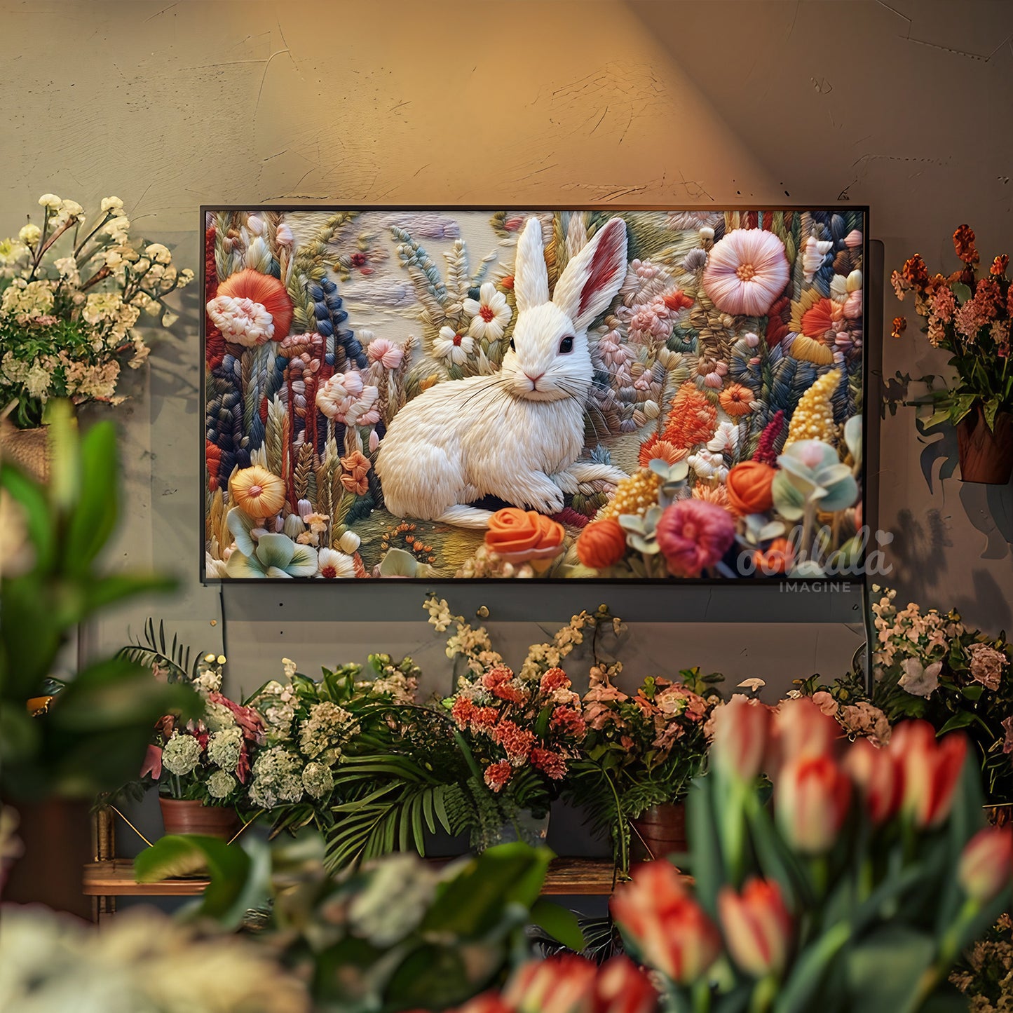 Garden Bunny Embroidery Frame TV Art, Wallpaper