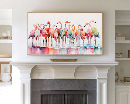 Colorful Rainbow Flamingo Digital Watercolor Art for TV display, Wallpaper