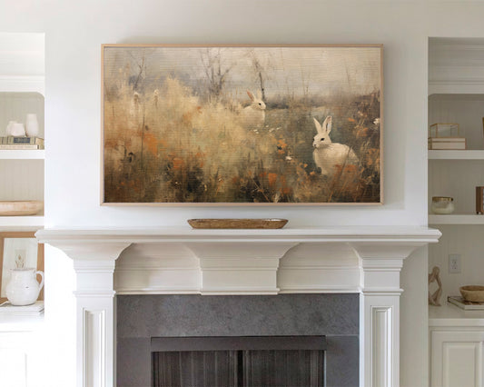 Vintage Bunny Painting, Rustic Neutral Frame TV Art Wallpaper
