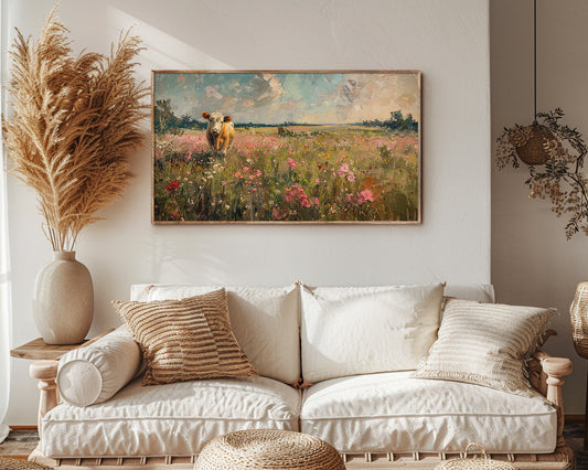 Highland Cow Flower Meadow Frame TV Wallpaper