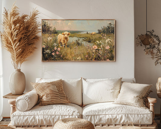 Baby Highland Cow Meadow Landscape Frame TV Wallpaper