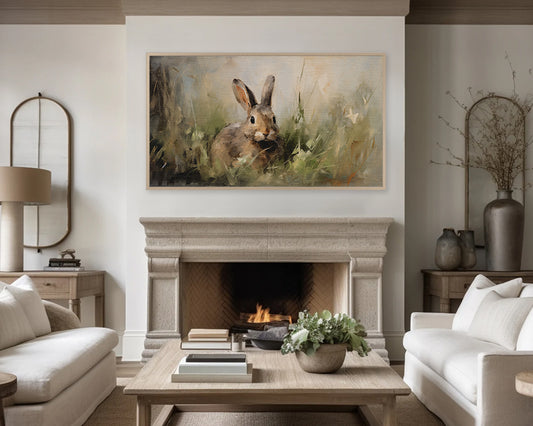 Vintage Bunny Spring Meadow Painting, Rustic Neutral Frame TV Art Wallpaper