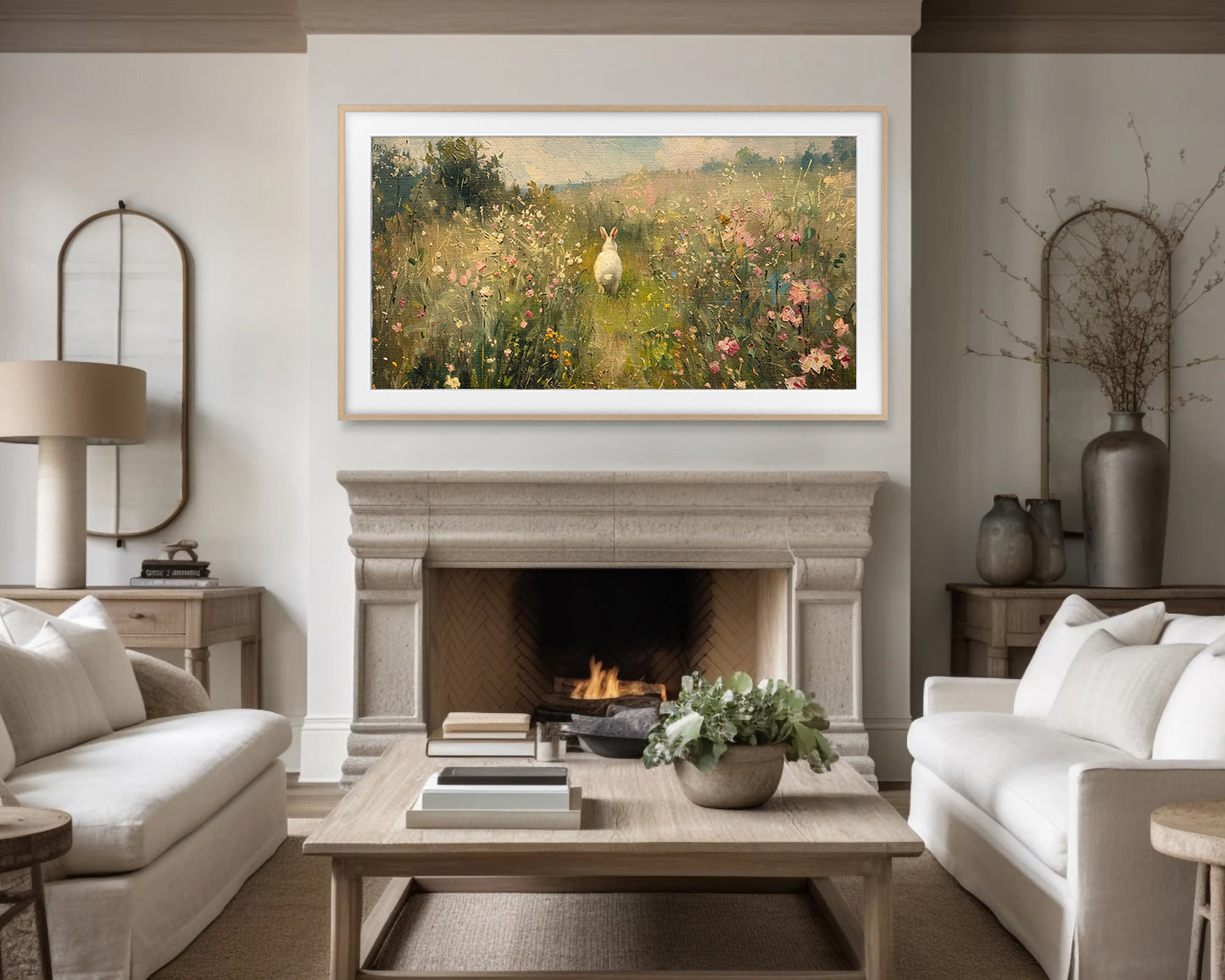 Bunny Flower Meadow Vintage Painting Frame TV Wallpaper