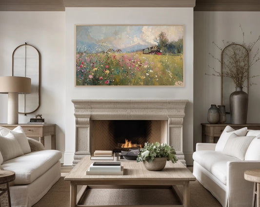 Vintage Train Wildflower Meadow Frame TV Art, Vintage Painting Wallpaper