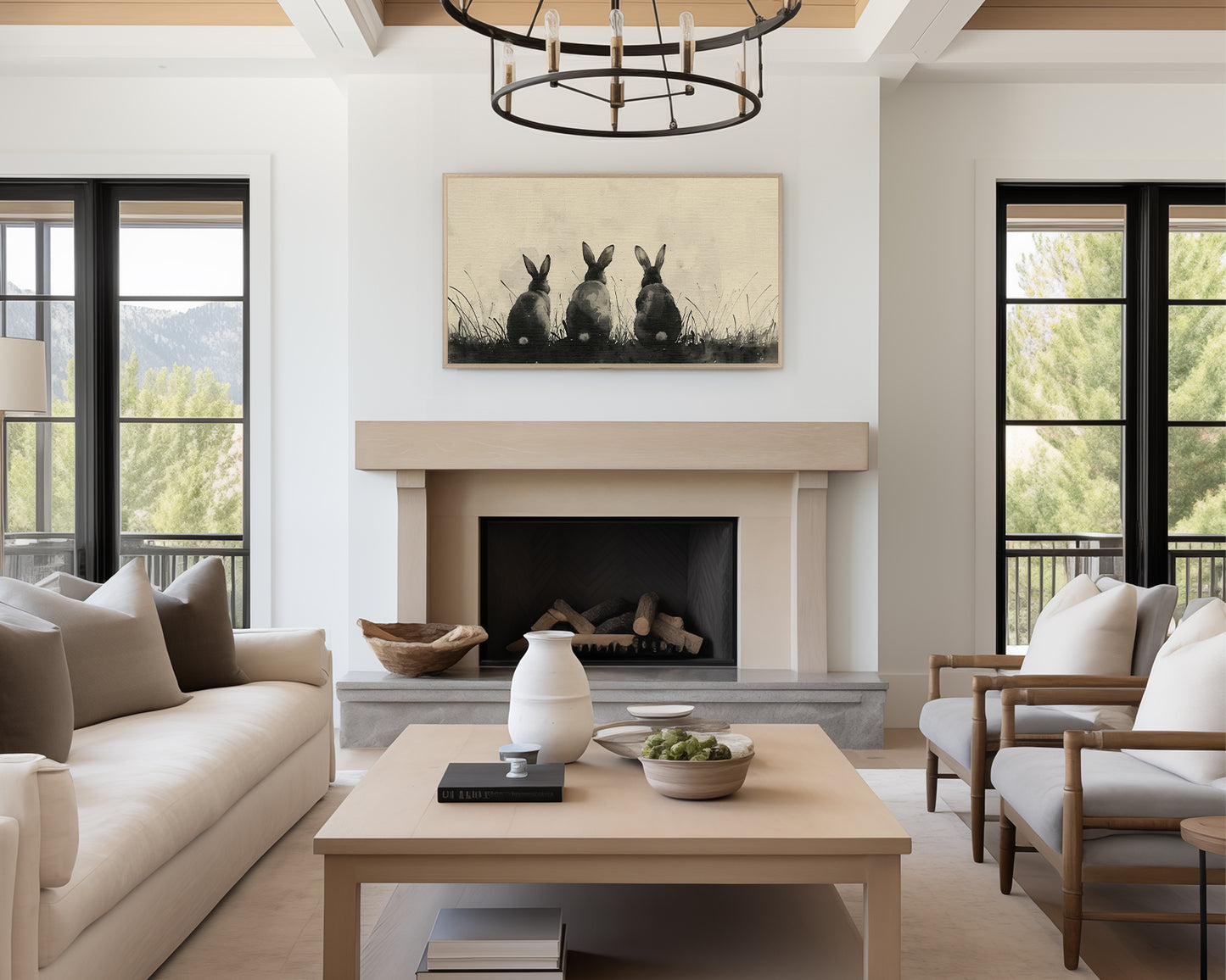 Three Bunnies on Meadow Painting, Frame TV Art Wallpaper