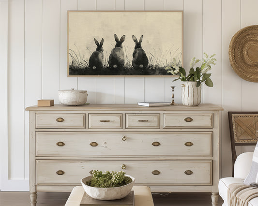 Three Bunnies on Meadow Painting, Frame TV Art Wallpaper