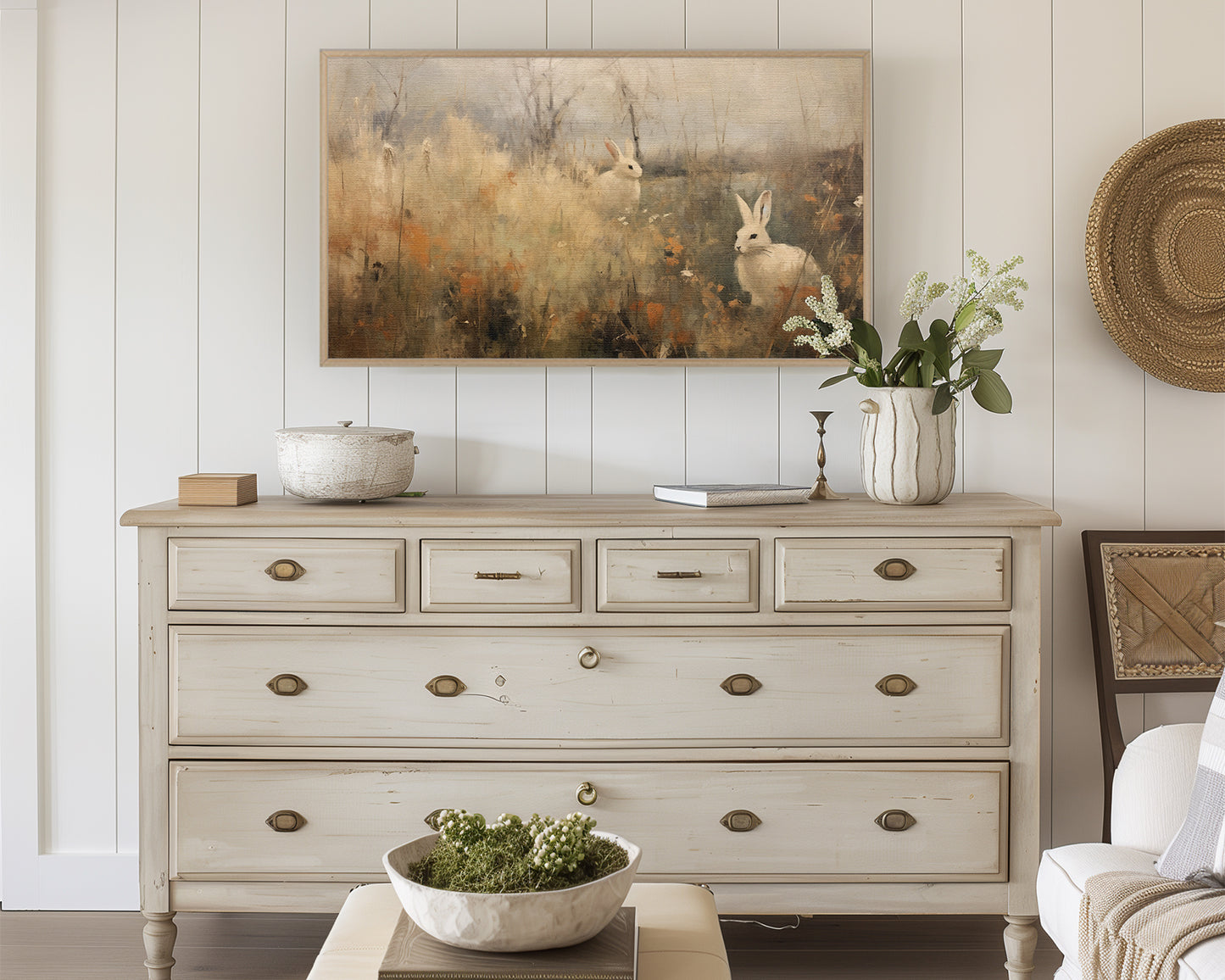 Vintage Bunny Painting, Rustic Neutral Frame TV Art Wallpaper